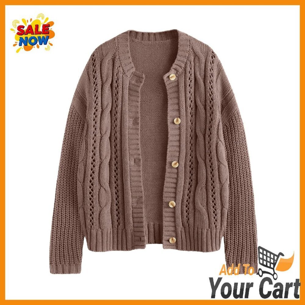 Cotton Cable Knit Cardigan Button Up Chunky Sweater Fall Winter